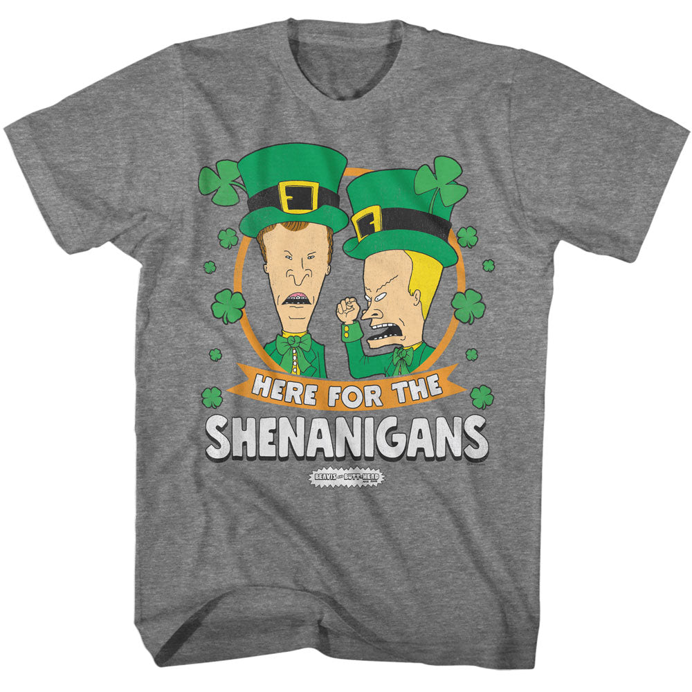 Beavis And Butthead-beavis And Butthead Shenanigans-graphite Heather Adult S/s Tshirt