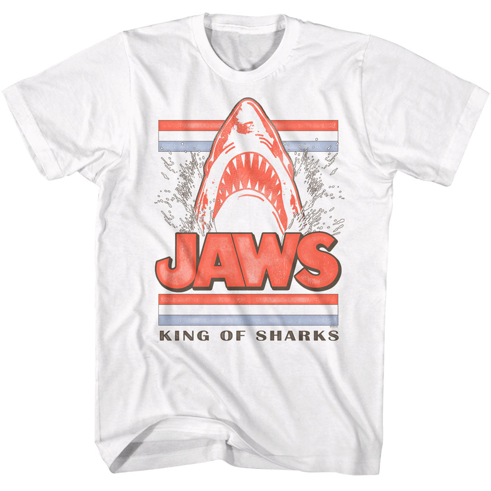Jaws-jaws Head King Of Sharks-white Adult S/s Tshirt