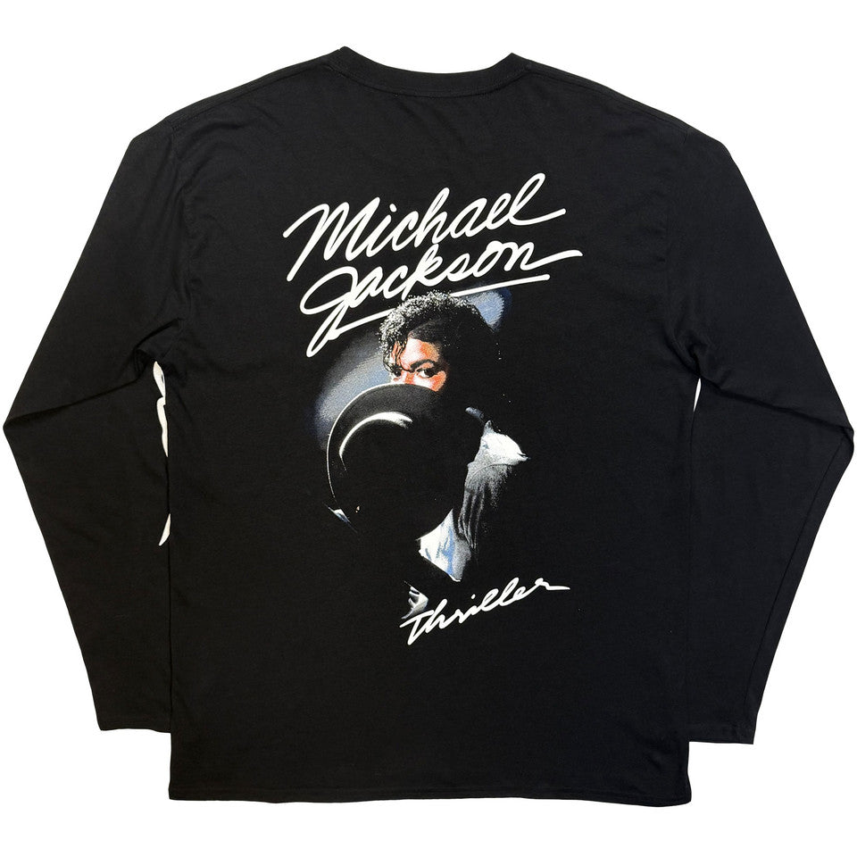 Michael Jackson Unisex Long Sleeve T-Shirt: Thriller / Hat Poses (Black) (Back Print)
